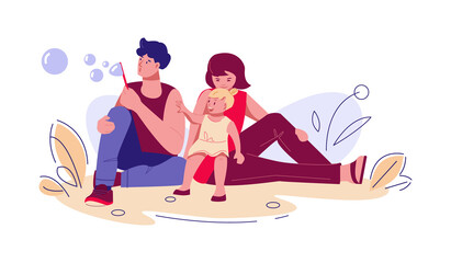 Obraz premium Family on summer vacation in nature. Father blows bubbles for little daughter. Mom holds the girl on her lap. Vector illustration in flat cartoon style.