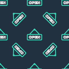 Line Hanging sign with text Open door icon isolated seamless pattern on black background. Vector