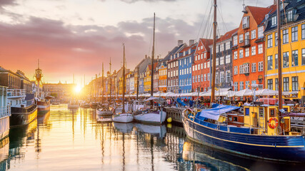 Copenhagen city skyline in Denmark at famous old Nyhavn port - 430081423