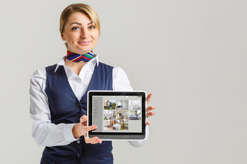 Woman having a Home automation control station in a modern home 3D render