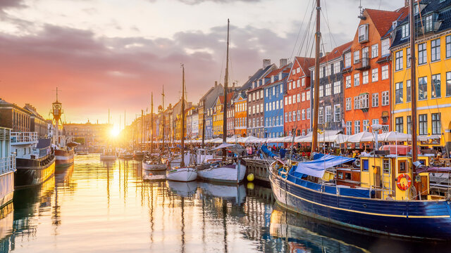 Copenhagen city skyline in Denmark at famous old Nyhavn port