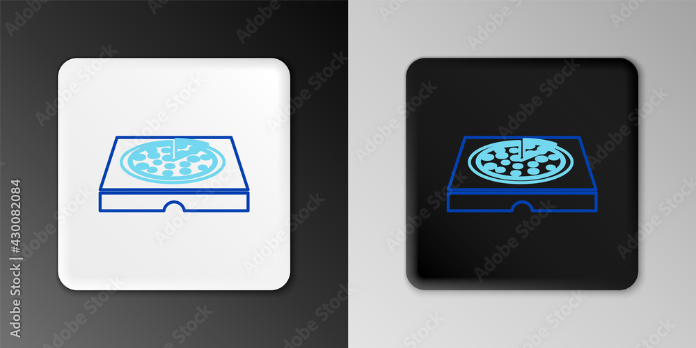 Poster line pizza in cardboard box icon isolated on grey background. box with layout elements. colorful out