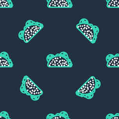 Line Taco with tortilla icon isolated seamless pattern on black background. Traditional mexican fast food. Vector