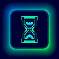 Glowing neon line Hourglass pixel with flowing sand icon isolated on black background. Sand clock sign. Business and time management concept. Colorful outline concept. Vector