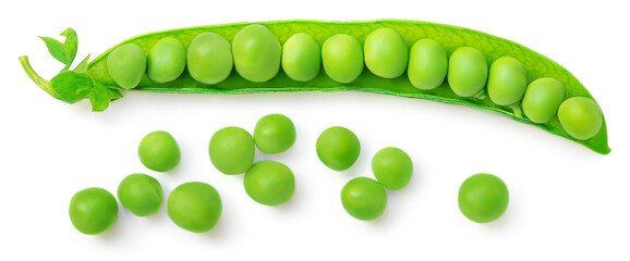 Green beans isolated on a white background. Fresh pea pods. Top view. Flat lay