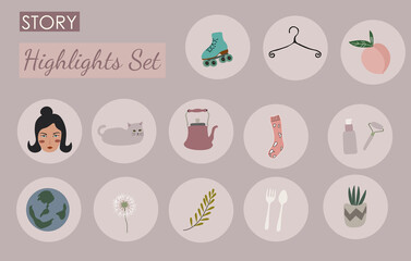 Set Social media highlight covers.Stories contemporary style, round icons, vector ilustration.Or great for stickers.