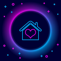 Glowing neon line House with heart shape icon isolated on black background. Love home symbol. Family, real estate and realty. Colorful outline concept. Vector