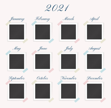 Timeline template with blank photo frames for 2021 year. Vector collage with photopraphs for month with transparent stickers on white background. Calendar with pictures