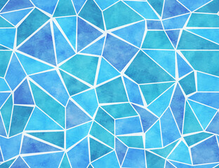 Blue mosaic seamless pattern with watercolor texture. Decorative abstract geometric print. Vector artistic wallpaper with broken glass or ice, polygonal sea or ocean water surface - obrazy, fototapety, plakaty