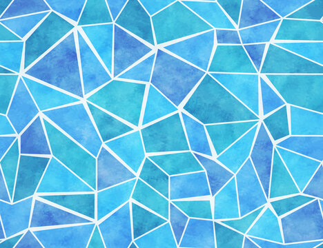 Blue mosaic seamless pattern with watercolor texture. Decorative abstract geometric print. Vector artistic wallpaper with broken glass or ice, polygonal sea or ocean water surface