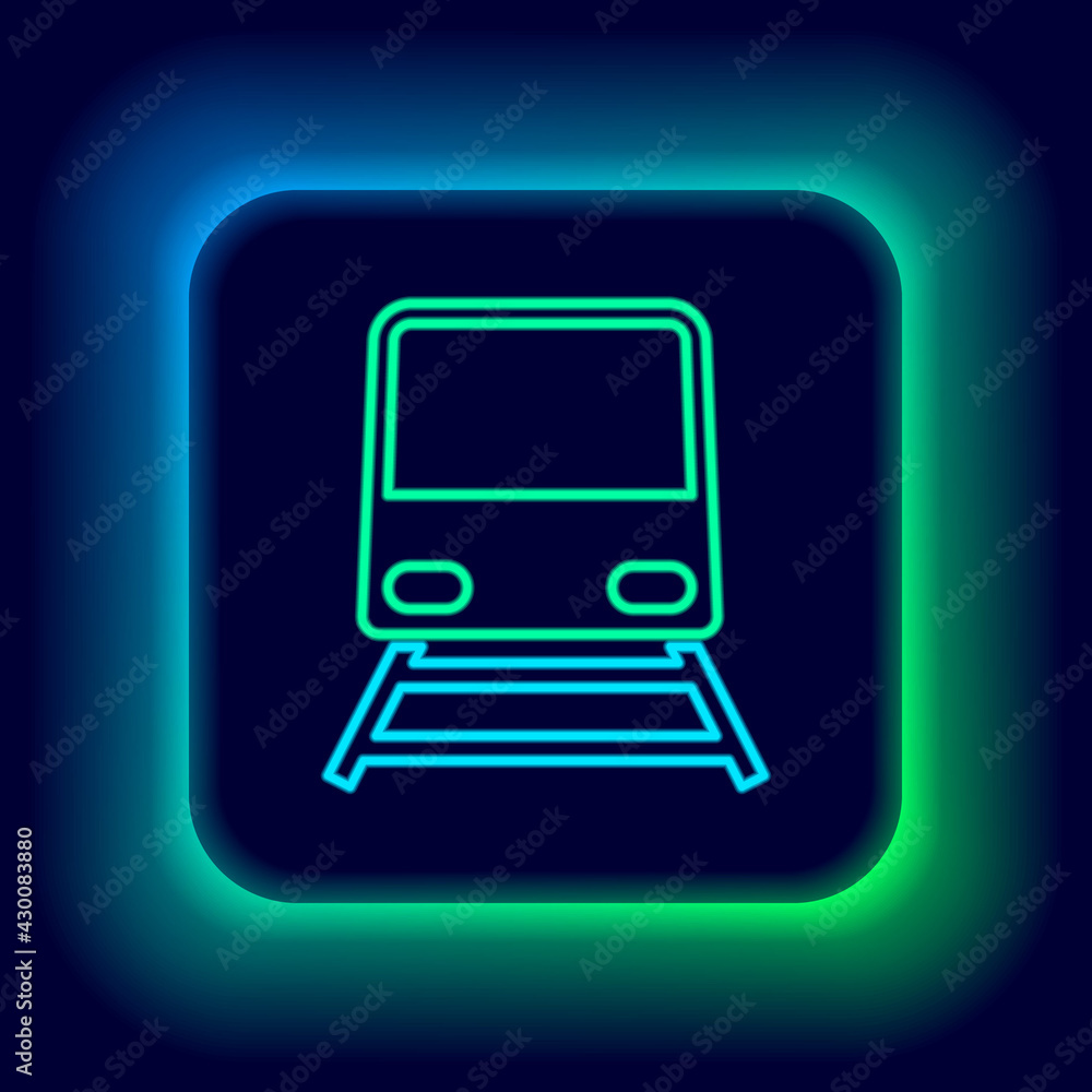 Sticker Glowing neon line Train icon isolated on black background. Public transportation symbol. Subway train transport. Metro underground. Colorful outline concept. Vector