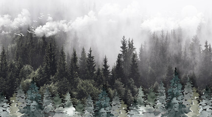 Fototapety  3d mural ilustracja rysunek krajobraz las drzewo tapety. białe chmury i ptaki proste nowoczesne tło dla dekoracyjnego płótna ściennego
