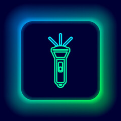 Glowing neon line Flashlight icon isolated on black background. Colorful outline concept. Vector
