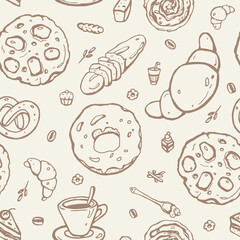 Seamless Vector Cute Outline Pattern. Bakery. Yummy Breakfast Print Design for Textile or Cafe Board.