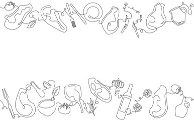 Two top and bottom Seamless Patterns with Meat, Vegetables, Utensils and empty space for text. Vector Background. Frame with organic food. Can be also yused like Banner, Flyer, Texture, Poster.