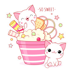 Cute yummy card in kawaii style. Two lovely cats with ice cream