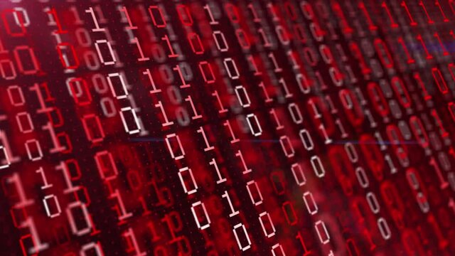Concept of binary code red and white background with digits moving on screen. Algorithm binary of digital age, data code, encryption and encoding background. Digital data stream.