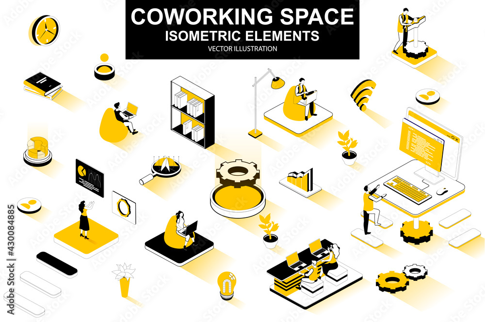 Wall mural coworking space bundle of isometric elements. freelancer work with laptop, coworking space, develope