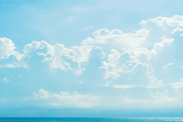Beautiful tropical beach with blue sky and white clouds abstract texture background. Copy space of...