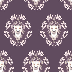 Vector Abstract Symmetrical White Cheetah with Leaves on Plum Purple design seamless pattern background. Perfect for fabric, scrapbooking and wallpaper projects.