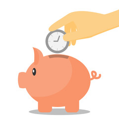 Hand dropping clock into piggy bank cartoon vector. concept of saving time or time management