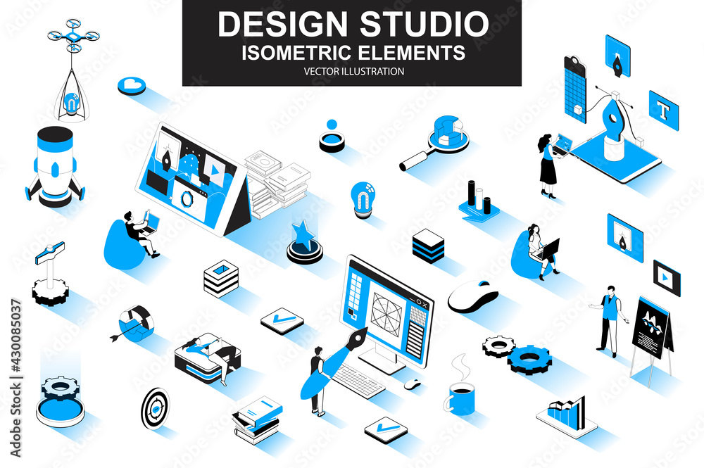 Leinwandbilder Design studio bundle of isometric elements. Ui UX design, font typography, front end development, interface design, website prototyping isolated icons. Isometric vector illustration kit with people.