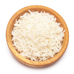 Boiled Rice in a wooden bowl isolated on a white background with clipping path embedded