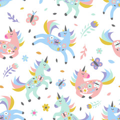 Fototapeta na wymiar Childish seamless pattern with cute unicorn. Creative texture for fabric, textile