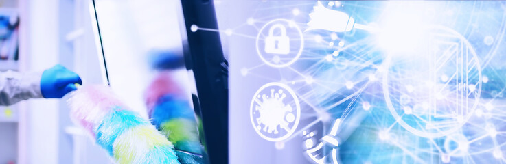 House cleaning concept. Wipe dust off surfaces. Disinfectant treatment of door handles TV...