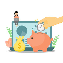 Hand dropping clock into piggy bank cartoon vector. concept of saving time ,time management, financial investment and growth stock
