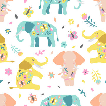 Childish seamless pattern with cute elephant. Creative texture for fabric, textile © ihorzigor