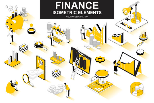 Finance Bundle Of Isometric Elements. Financial Analytics, Piggy Bank, Stock Trading, Market Indexes, Investment, Money Transfer Isolated Icons. Isometric Vector Illustration With People Characters.