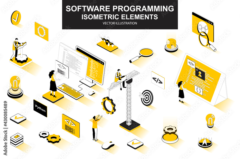 Leinwandbilder Software programming bundle of isometric elements. Program languages, developer, software engineering, back end development isolated icons. Isometric vector illustration kit with people characters.