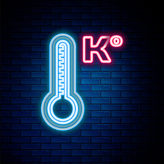 Glowing neon line Meteorology thermometer measuring heat and cold icon isolated on brick wall background. Temperature Kelvin. Colorful outline concept. Vector