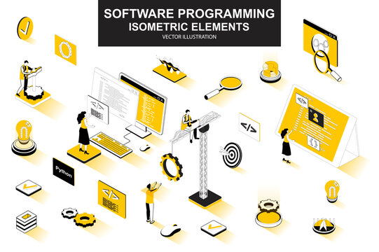 Software programming bundle of isometric elements. Program languages, developer, software engineering, back end development isolated icons. Isometric vector illustration kit with people characters.