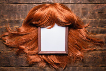 Hairdresser diploma or certificate template. Empty photo frame and long hair redhead women wig on...