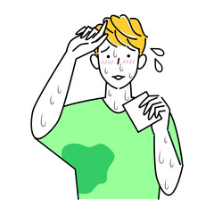 極度の汗かき体質で困っている男性 ハンカチで拭いても止まらない汗 顔汗 脇汗 腕汗 イラスト シンプル ベクター 