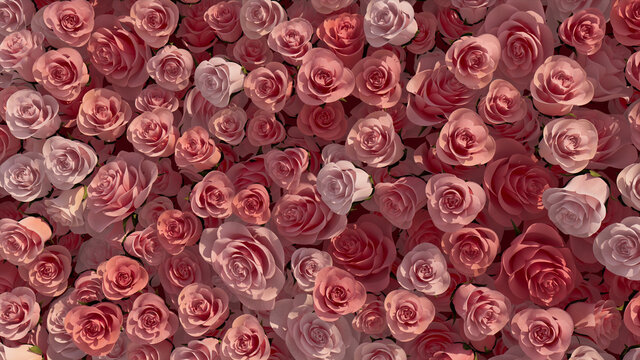 Colorful Flowers arranged to create a Romantic wall. Beautiful, Vibrant Background formed from Pink Roses. 3D Render