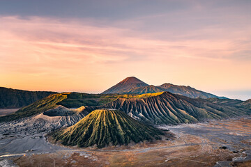 Sunrise on Bromo,Batok,Semeru volcano. Bromo is an active volcano and part of Tengger massif in...
