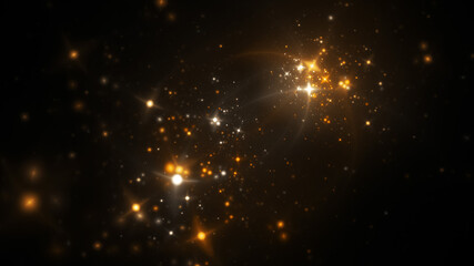 Abstract golden stars. Colorful space background with fantastic light effect. Digital fractal art. 3d rendering.