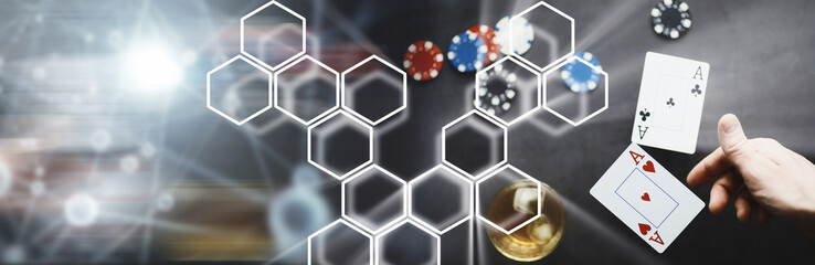 The concept of card tricks and presentations. The concept of a cheater in games. Flying cards in the air. A magician raises cards with the power of thought.