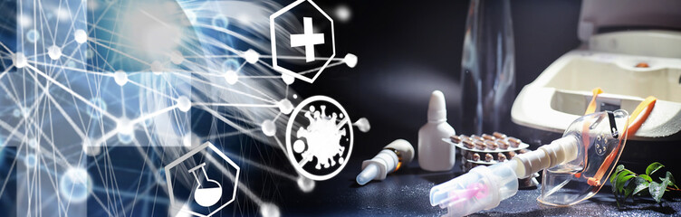 Inhalation with nebulizer at home. Asthma inhaler inhalation nebulizer steam sick cough concept flu...