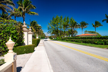 Fototapeta na wymiar Palms and ocean along the city promenade, Palm Beach, Florida