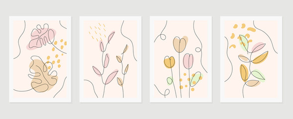 Fototapeta na wymiar Botanical wall art vector set. Water color boho foliage line art drawing with abstract shape. Abstract Plant Art design for print, cover, wallpaper, Minimal and natural wall art.