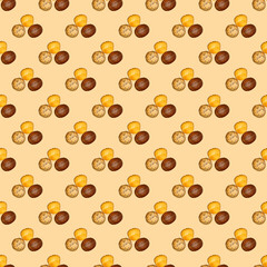 Seamless pattern from a photo of wheat and rye buns on a biege background. Wallpaper with bread. Good to use for wallpaper, textile, background, poster, cover, postcards.
