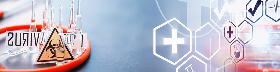 Test tubes with drugs and tests to test the victims and treat the infected. Ampoules with medicines. Set of test tubes with medicine.