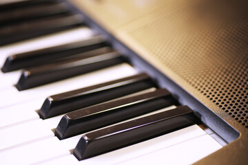 Old piano keys. close up view.effect back and white color, musical instrument background concept