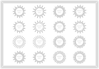 あしらい　太陽線　集中線　効果線　太陽光　きらきら　サンバースト　フレーム　飾り　マーク　コピースペース　セット
