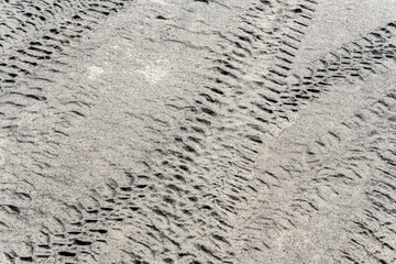 Tire tracks on the sand in desert. Sand texture background.