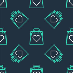 Line Shopping bag with heart icon isolated seamless pattern on black background. Shopping bag shop love like heart icon. Valentines day symbol. Vector